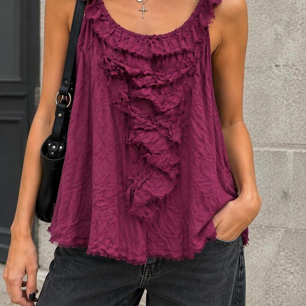 Rebecca Taylor Plum Purple Silk Ruffle Sleeveless Blouse Size 8